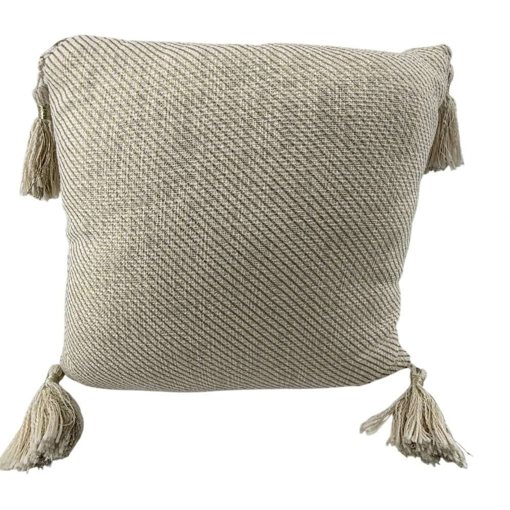 Max Studio 18x18 Throw Pillow Gold‎ Cream Chevron Tassel Boho Glam Decor